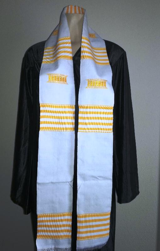Handwoven Graduation Kente Cloth Stoles.White and gold Kente Stole