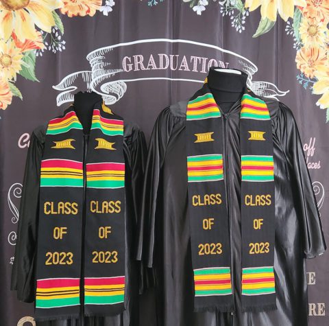 African Imports Black graduation kente cloth stoles.